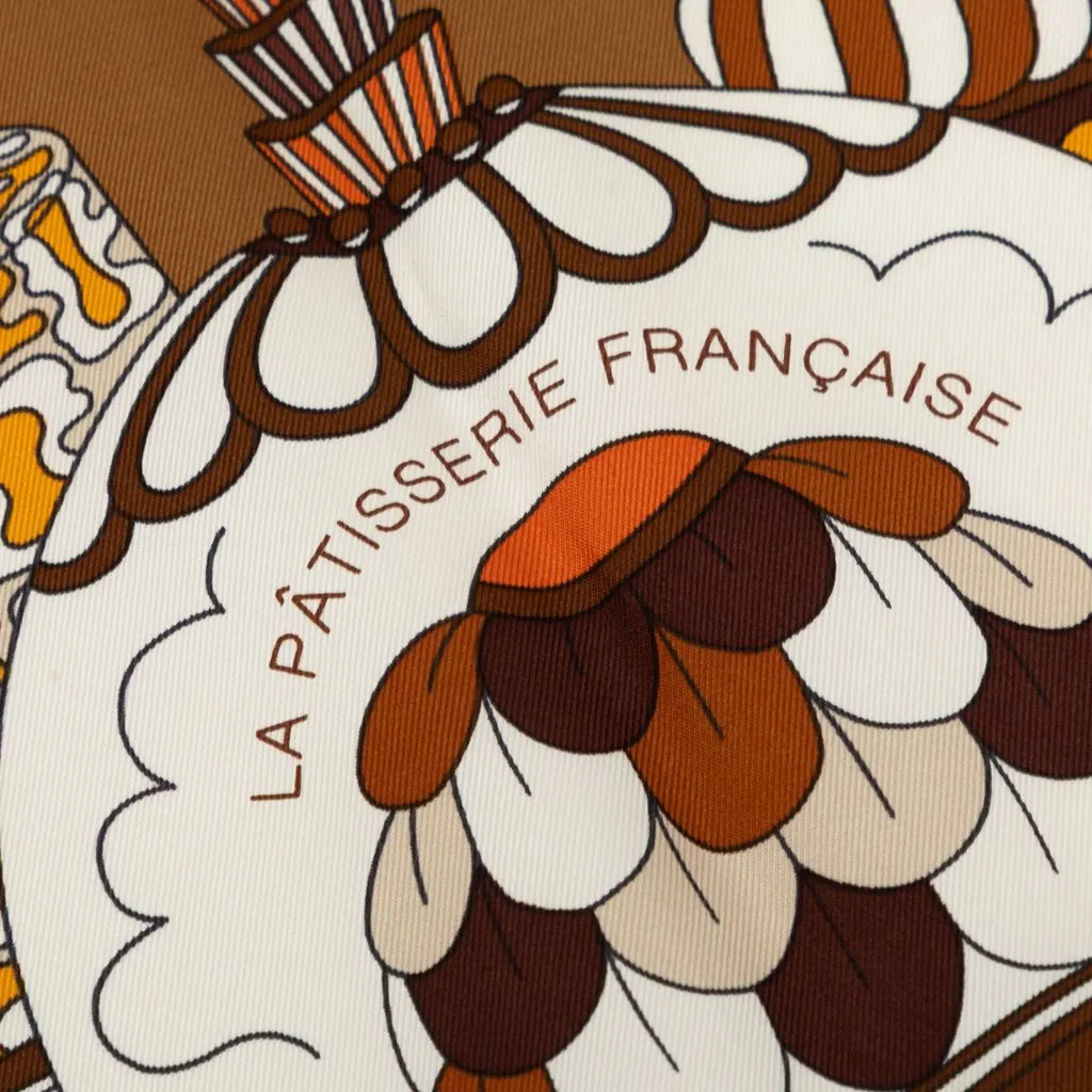 Hermès La Patisserie Francaise Silk Scarf 90 Brown Never worn - Model View