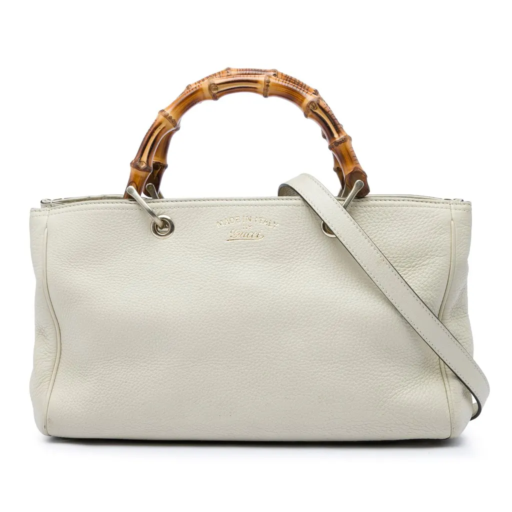 Gucci Medium Calfskin Bamboo Shopper Satchel White Leather Very good - Front View