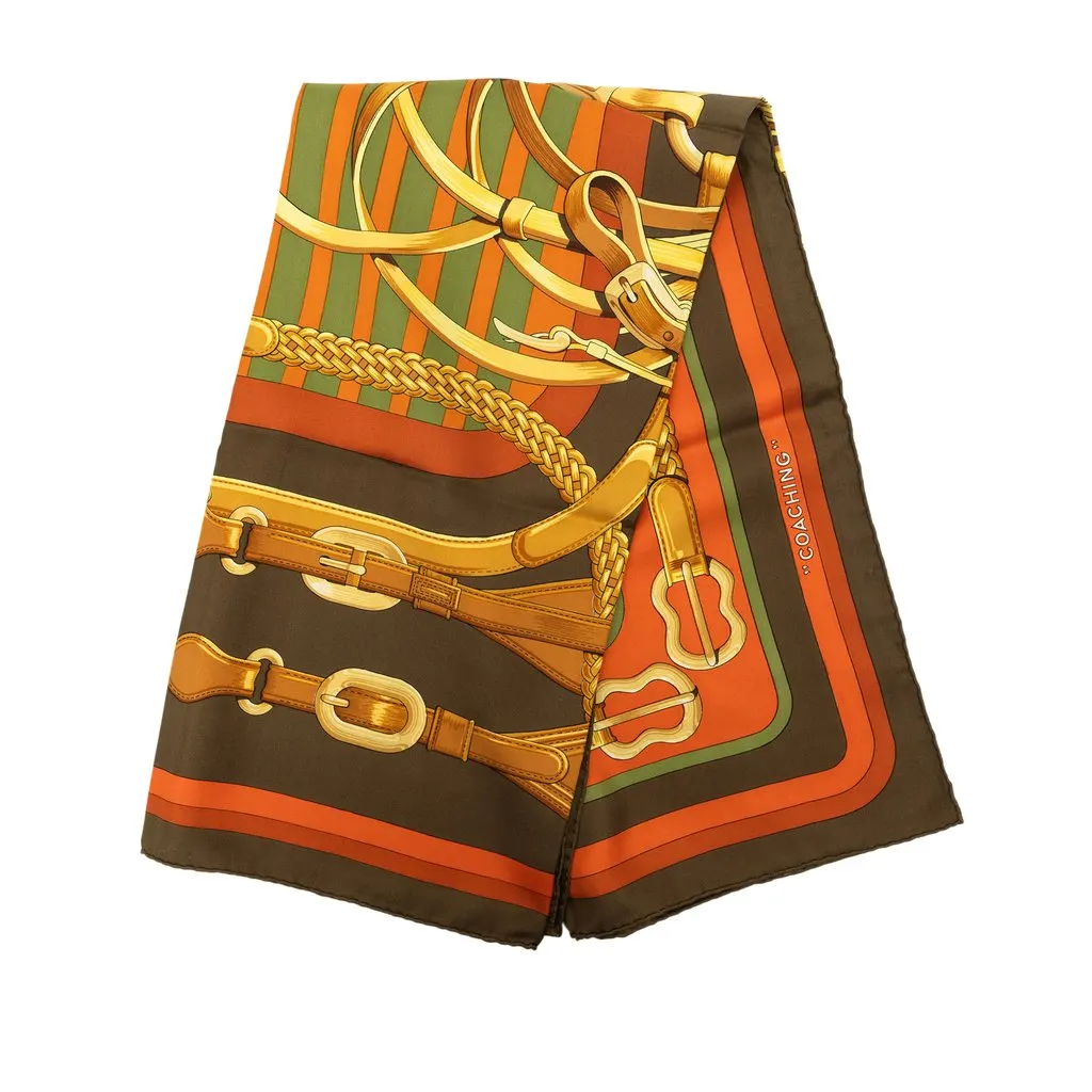 Hermès Coaching Silk Scarf 90 Brown Very good - Front View