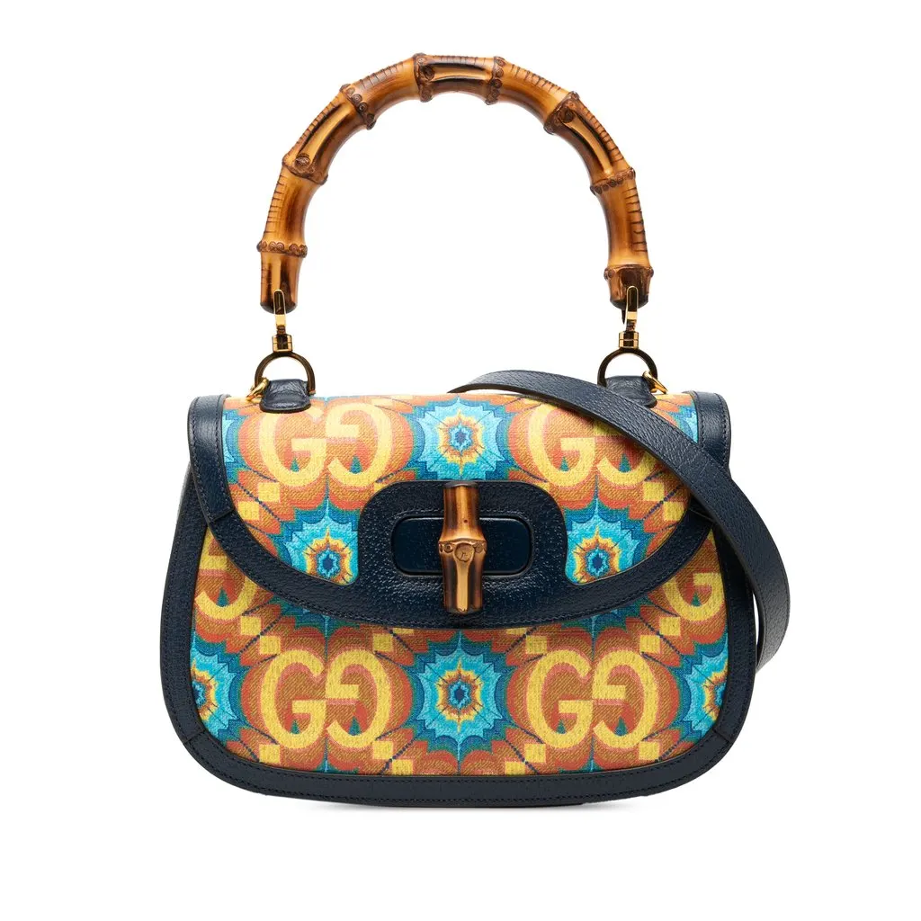 Gucci 100th Anniversary Medium GG Coated Canvas Kaleidoscope 1947 Bamboo Top Handle Bag Blue Canvas Very good - Front View