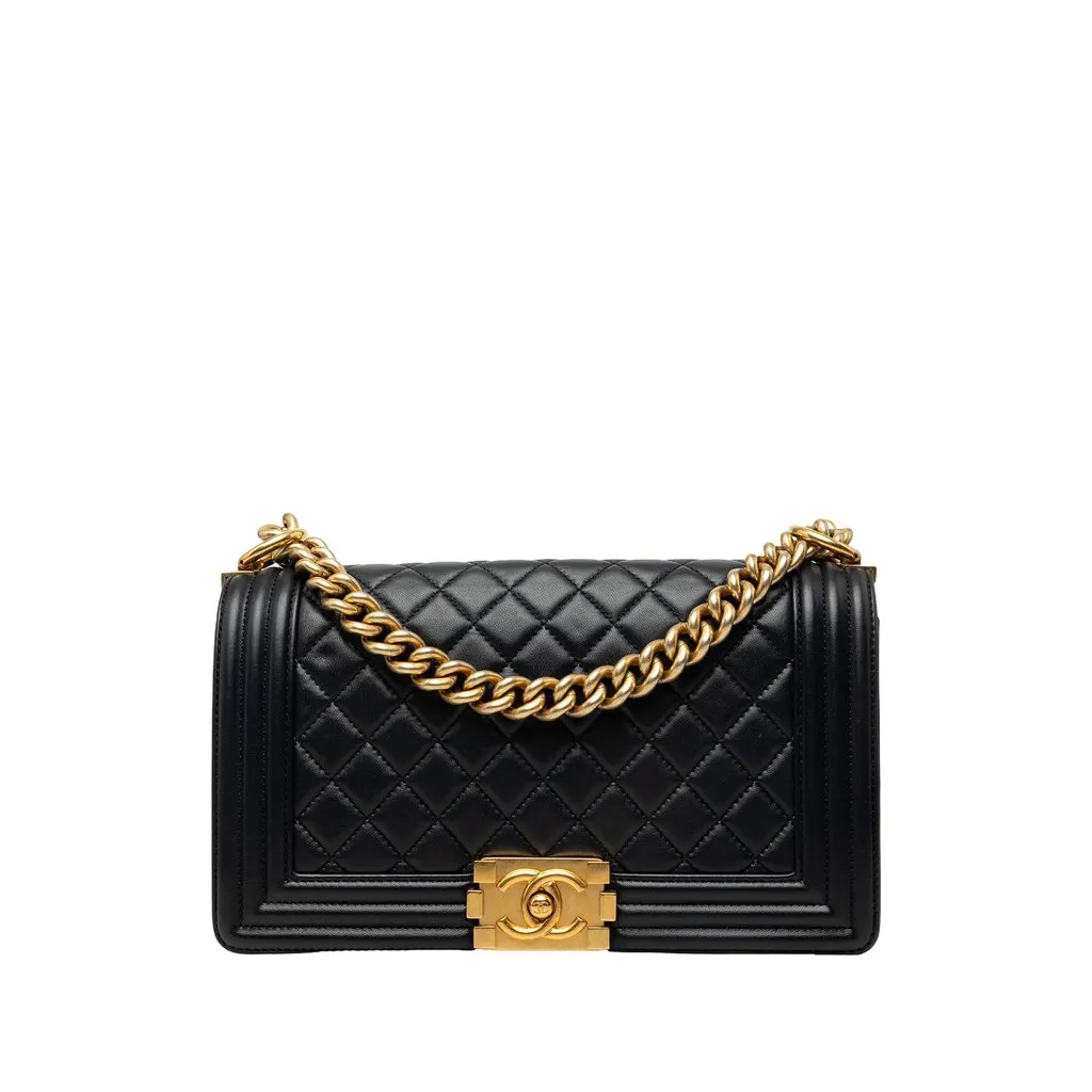 Chanel Old Medium Quilted Lambskin Boy Flap Black Leather Good - Front View