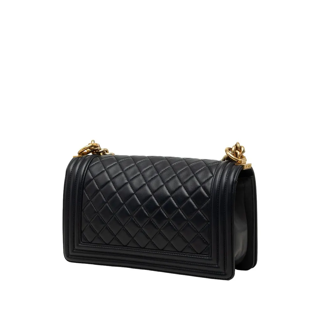 Chanel Old Medium Quilted Lambskin Boy Flap Black Leather Good - Back View