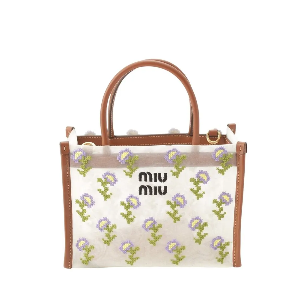 Miu Miu Leather Trimmed Embroidered Mesh Top Handle Bag White Very good - Front View