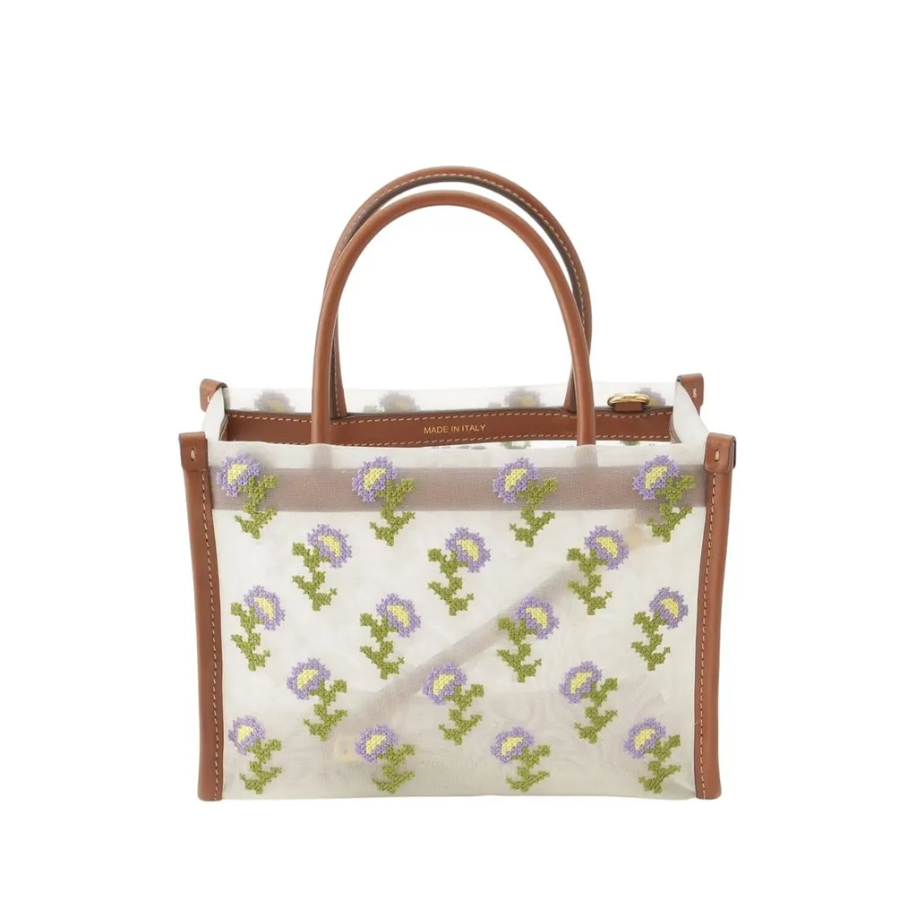 Miu Miu Leather Trimmed Embroidered Mesh Top Handle Bag White Very good - Back View