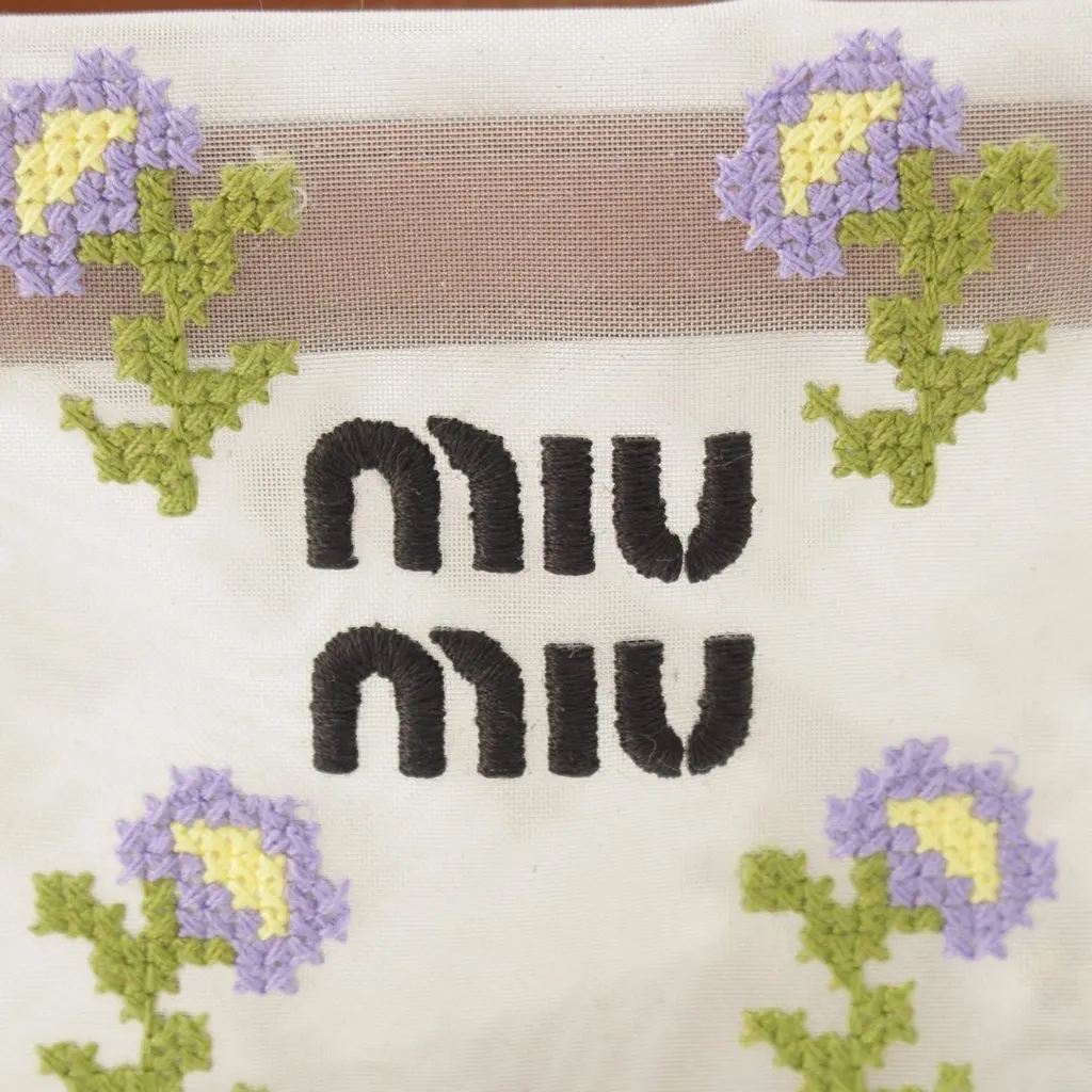 Miu Miu Leather Trimmed Embroidered Mesh Top Handle Bag White Very good - Box View