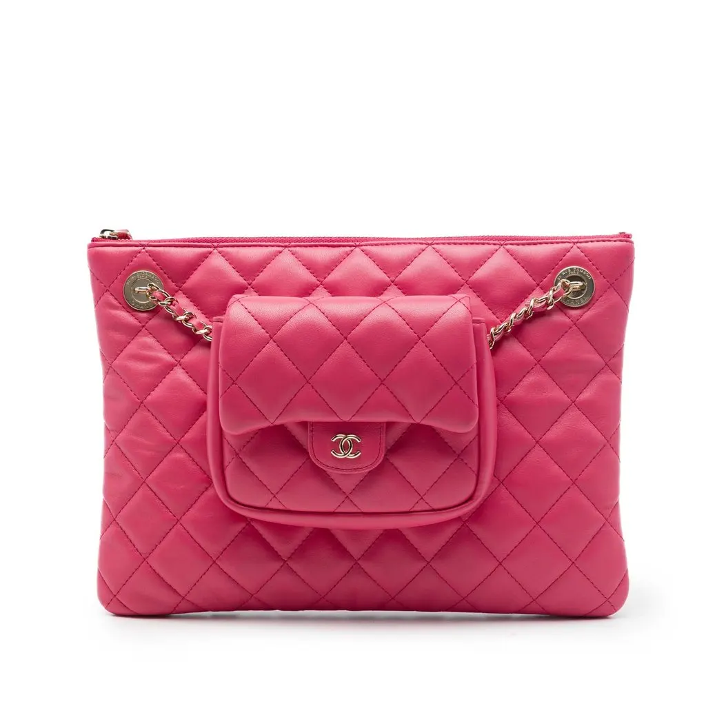 Chanel CC Quilted Lambskin Pouch with Mini Flap Purse Pink Leather Very good - Front View