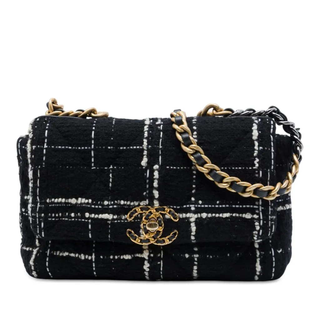 Chanel Medium Tweed 19 Flap Black Tweed Good - Front View