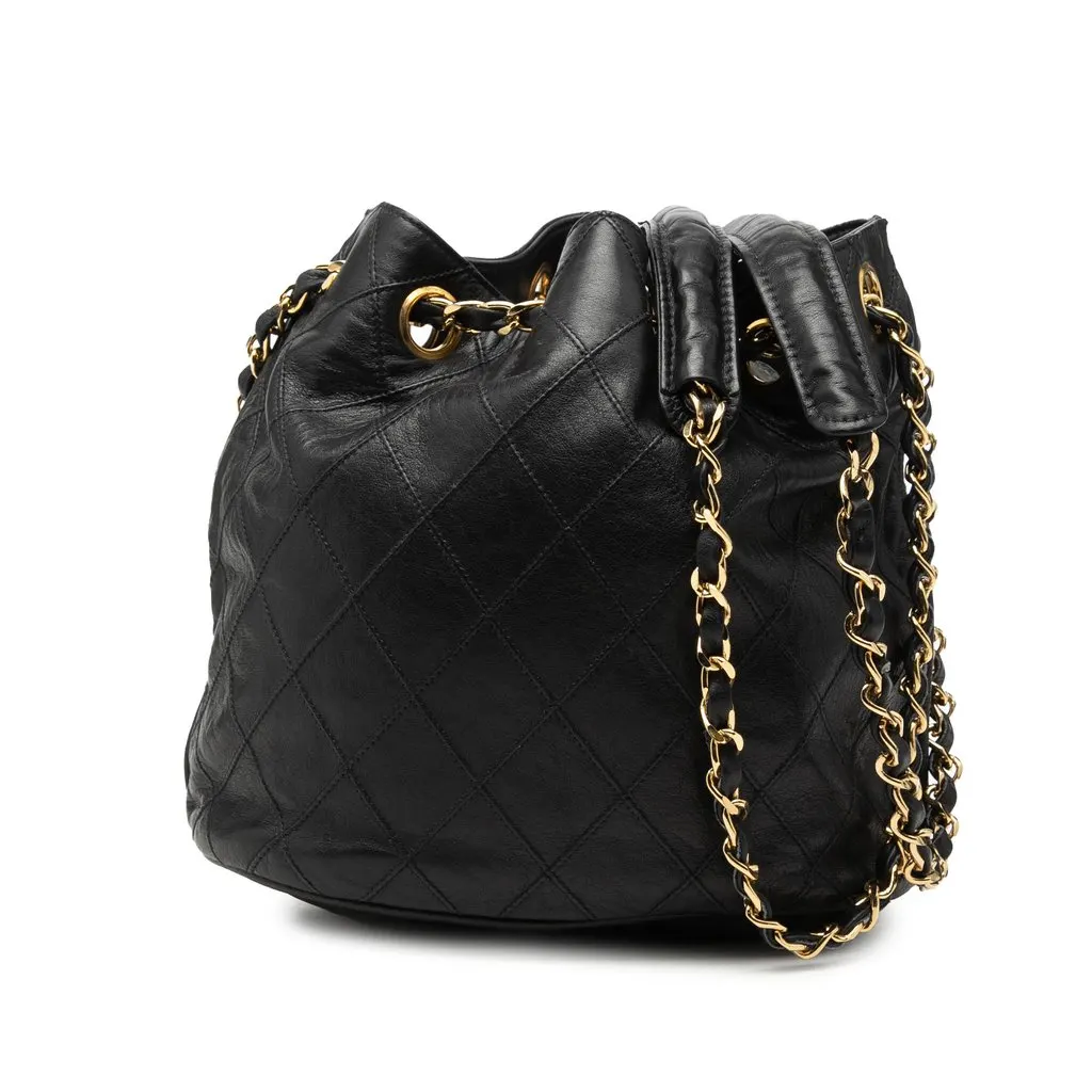 Chanel Quilted Lambskin Drawstring Chain Bucket Bag Black Leather Very good - Front View