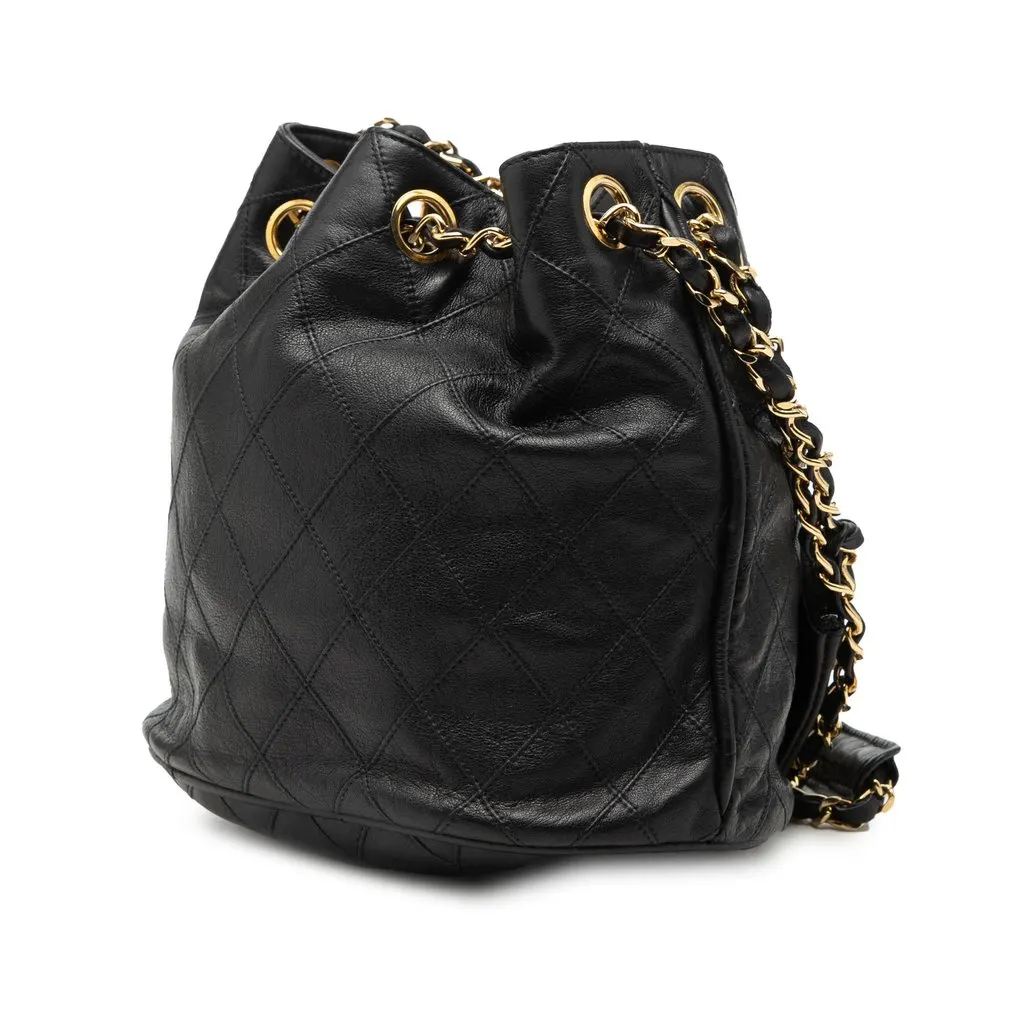 Chanel Quilted Lambskin Drawstring Chain Bucket Bag Black Leather Very good - Back View