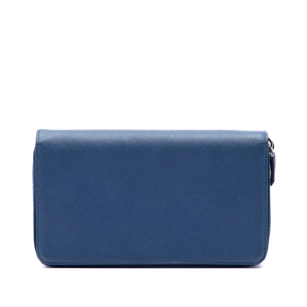 Prada Saffiano Double Zip Long Wallet Blue Leather Very good - Front View