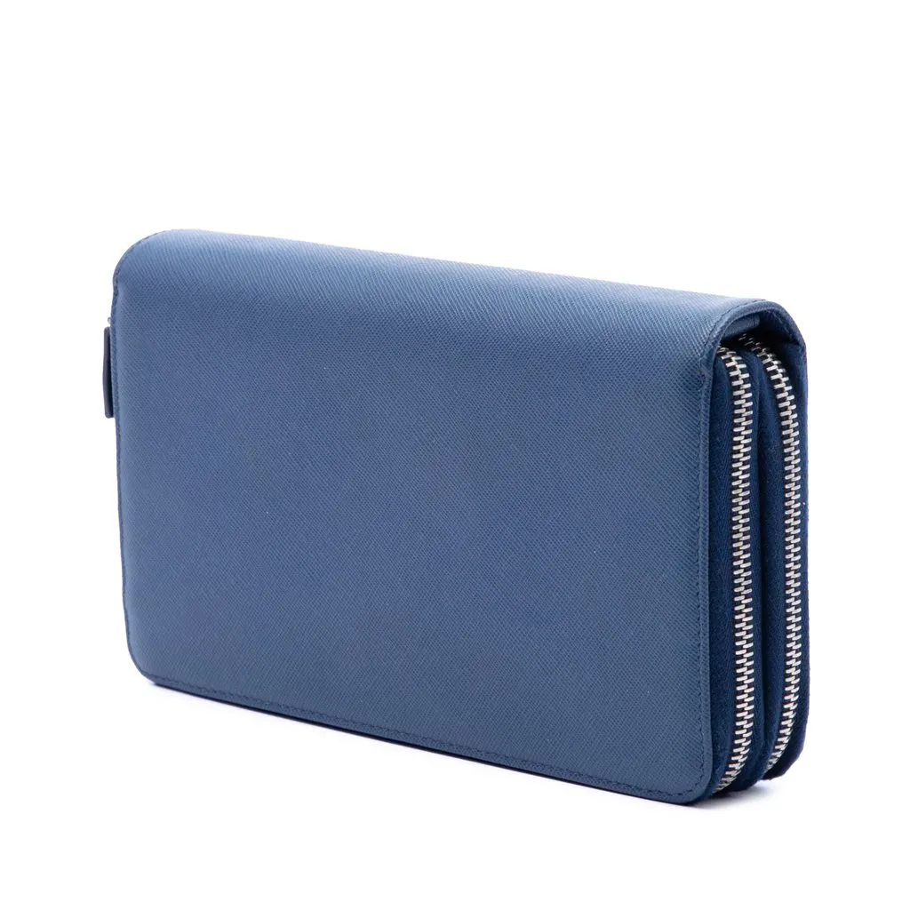Prada Saffiano Double Zip Long Wallet Blue Leather Very good - Back View