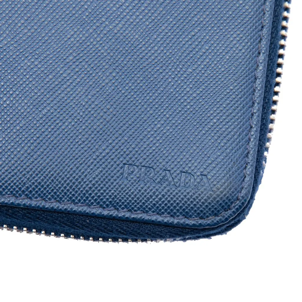 Prada Saffiano Double Zip Long Wallet Blue Leather Very good - Box View