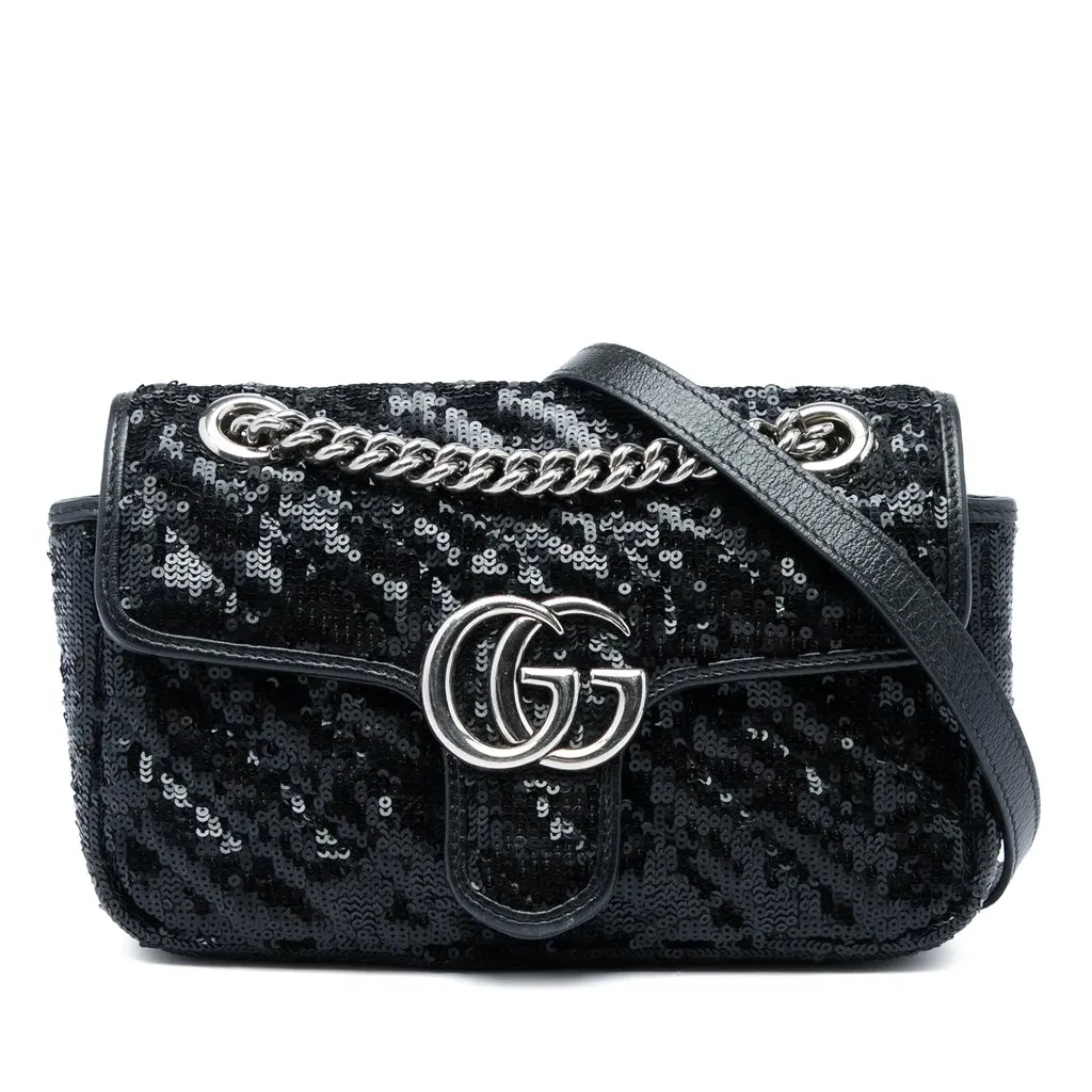 Gucci Small GG Marmont Matelasse Diagonal Sequin and Calfskin Torchon Shoulder Bag Black Very good - Front View