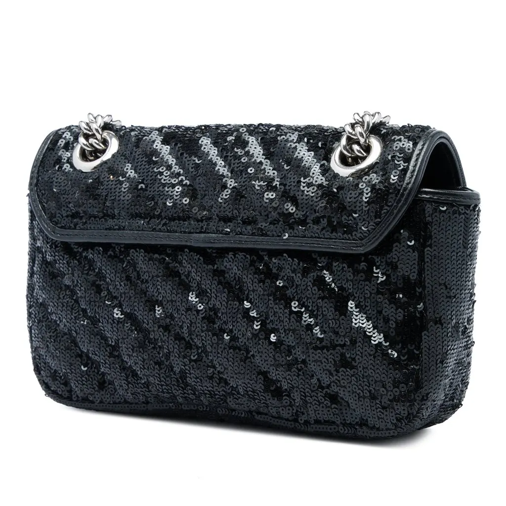Gucci Small GG Marmont Matelasse Diagonal Sequin and Calfskin Torchon Shoulder Bag Black Very good - Back View