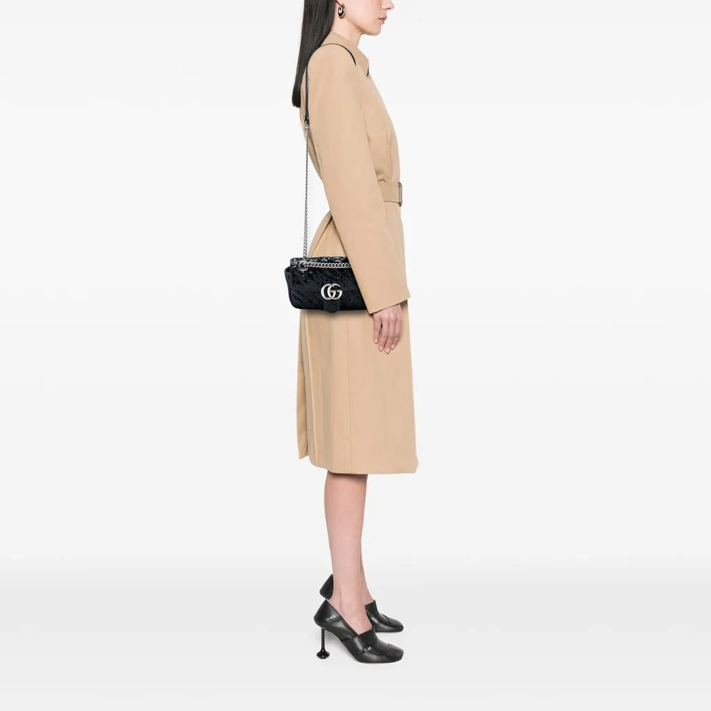 Gucci Small GG Marmont Matelasse Diagonal Sequin and Calfskin Torchon Shoulder Bag Black Very good - Box View