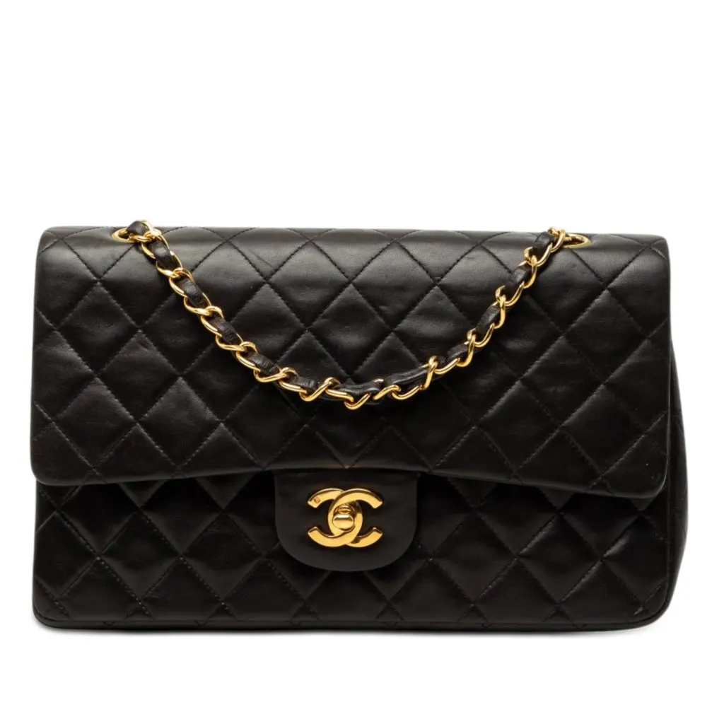 Chanel Medium Classic Lambskin Double Flap Black Leather Very good - Front View