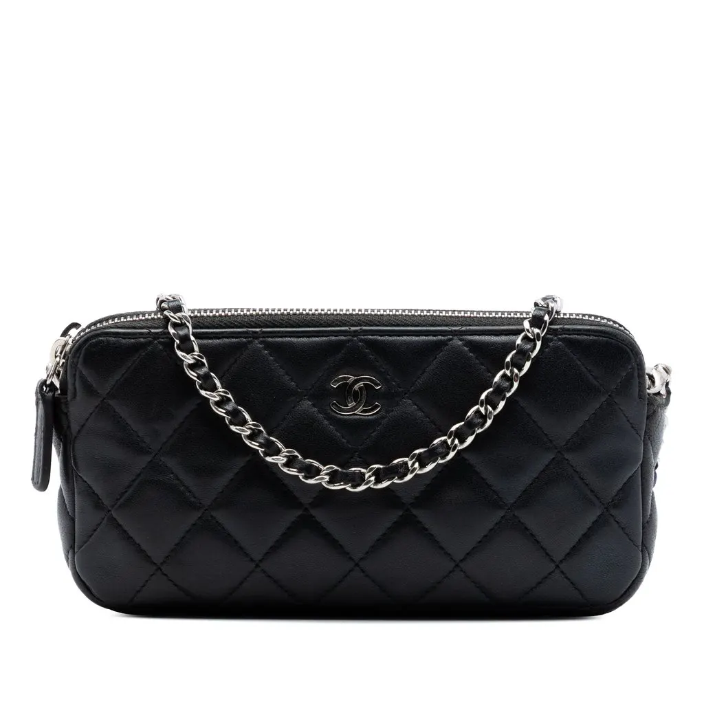 Chanel CC Quilted Lambskin Double Zip Clutch With Chain Black Leather Very good - Front View