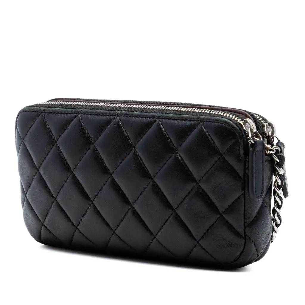 Chanel CC Quilted Lambskin Double Zip Clutch With Chain Black Leather Very good - Back View