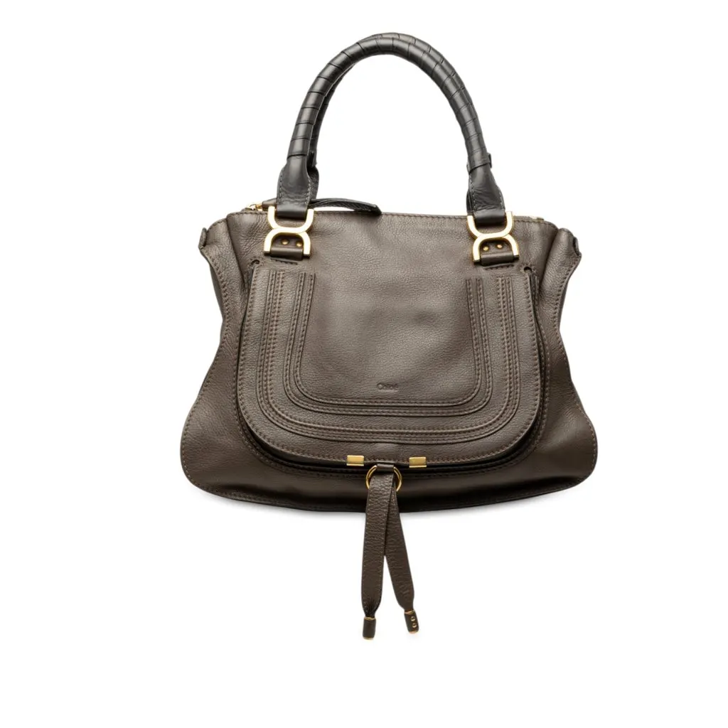 Chloé Medium Pebbled Calfskin Marcie Satchel Brown Leather Good - Front View