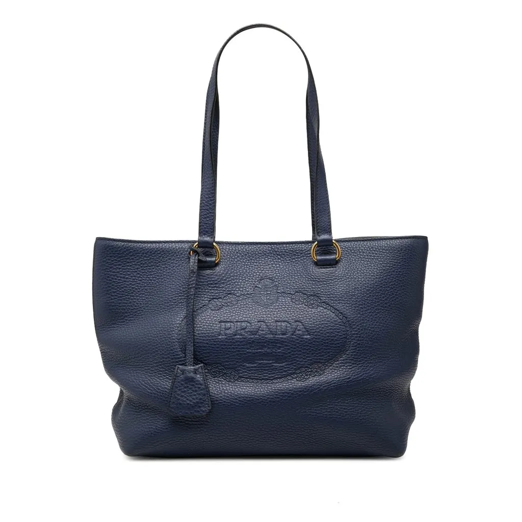 Prada Vitello Daino Canapa Logo Tote Blue Leather Very good - Front View