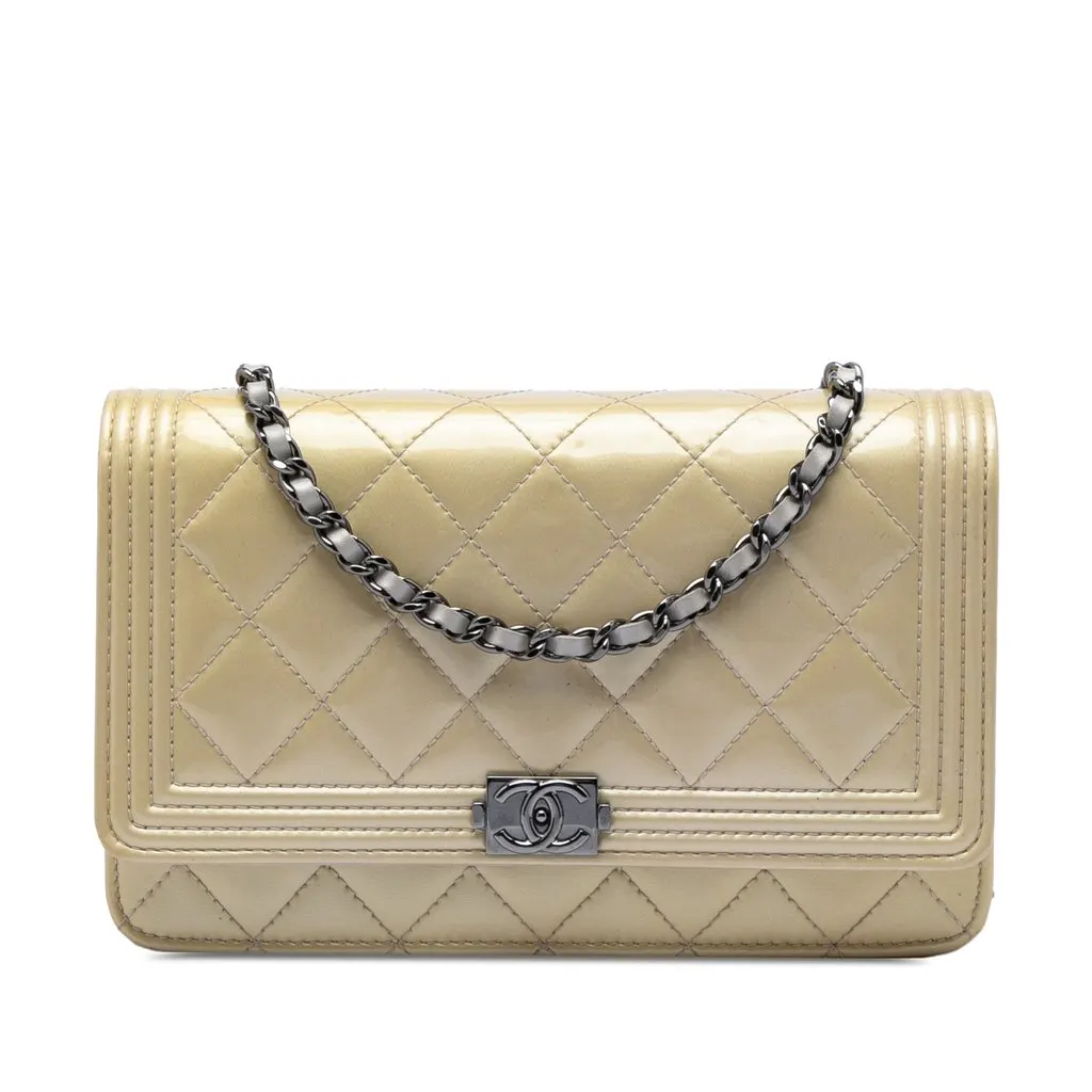 Chanel Quilted Patent Boy Wallet on Chain Beige Leather Very good - Front View