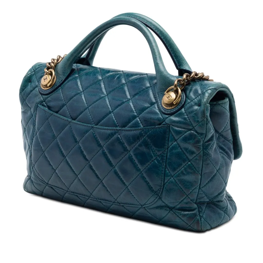 Chanel Medium Glazed Calfskin Castle Rock Top Handle Flap Blue Leather Very good - Back View