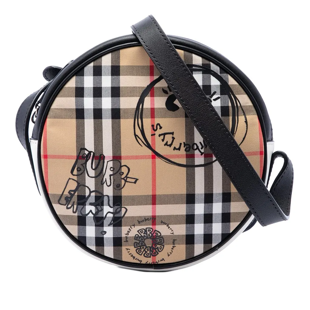 Burberry House Check Canvas and Calfskin Cartoon Print Round Crossbody Beige Very good - Front View