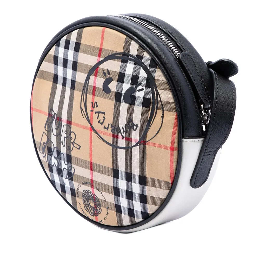 Burberry House Check Canvas and Calfskin Cartoon Print Round Crossbody Beige Very good - Back View