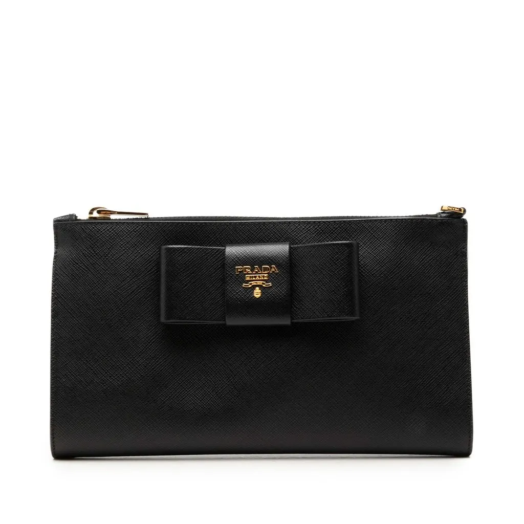 Prada Saffiano Bow Clutch Black Leather Very good - Front View