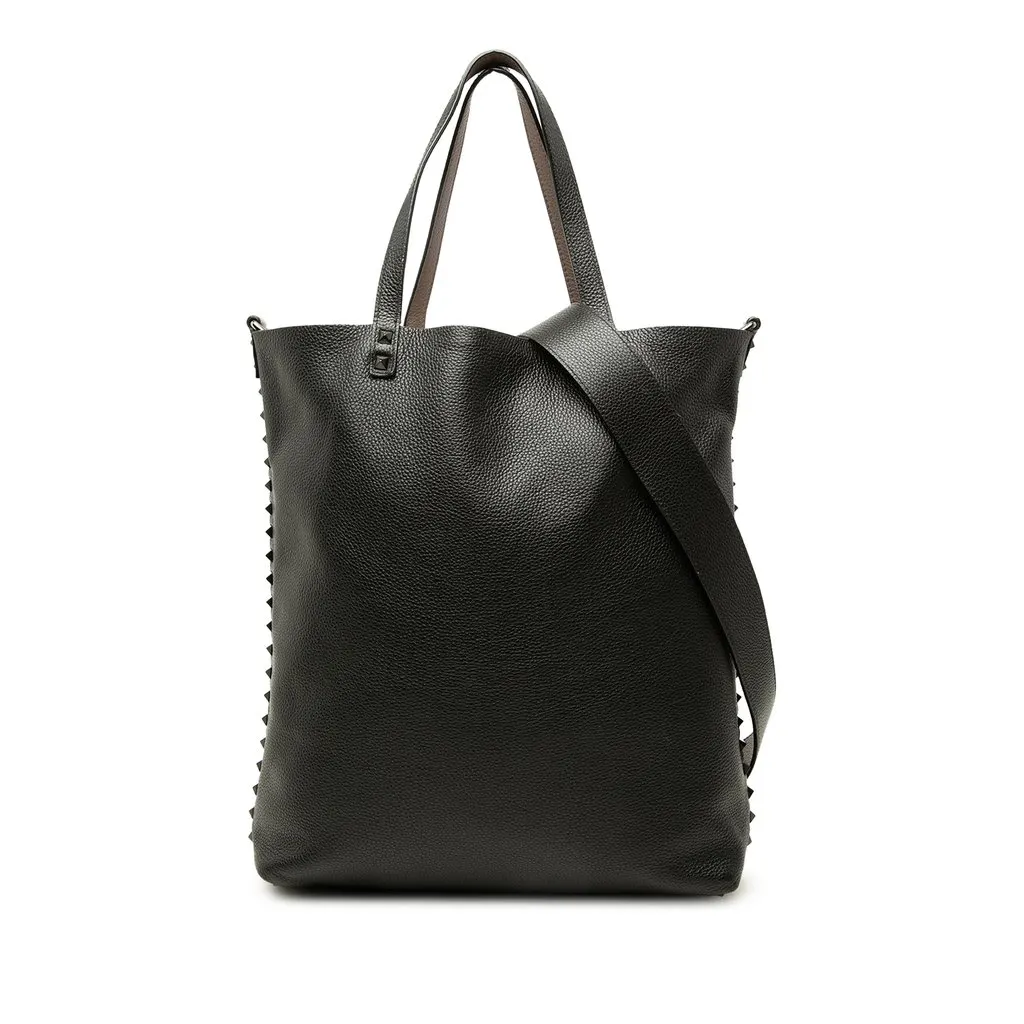 Valentino Grained Calfskin Rockstud Reversible Tote Black Leather Good - Front View
