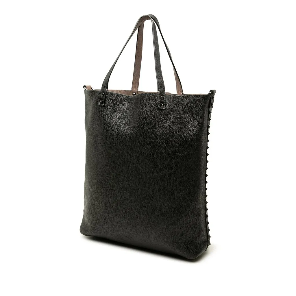 Valentino Grained Calfskin Rockstud Reversible Tote Black Leather Good - Back View