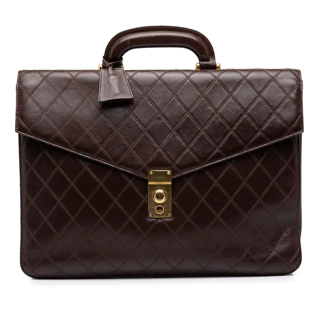 Chanel Quilted Lambskin Briefcase Brown Leather Good - Front View