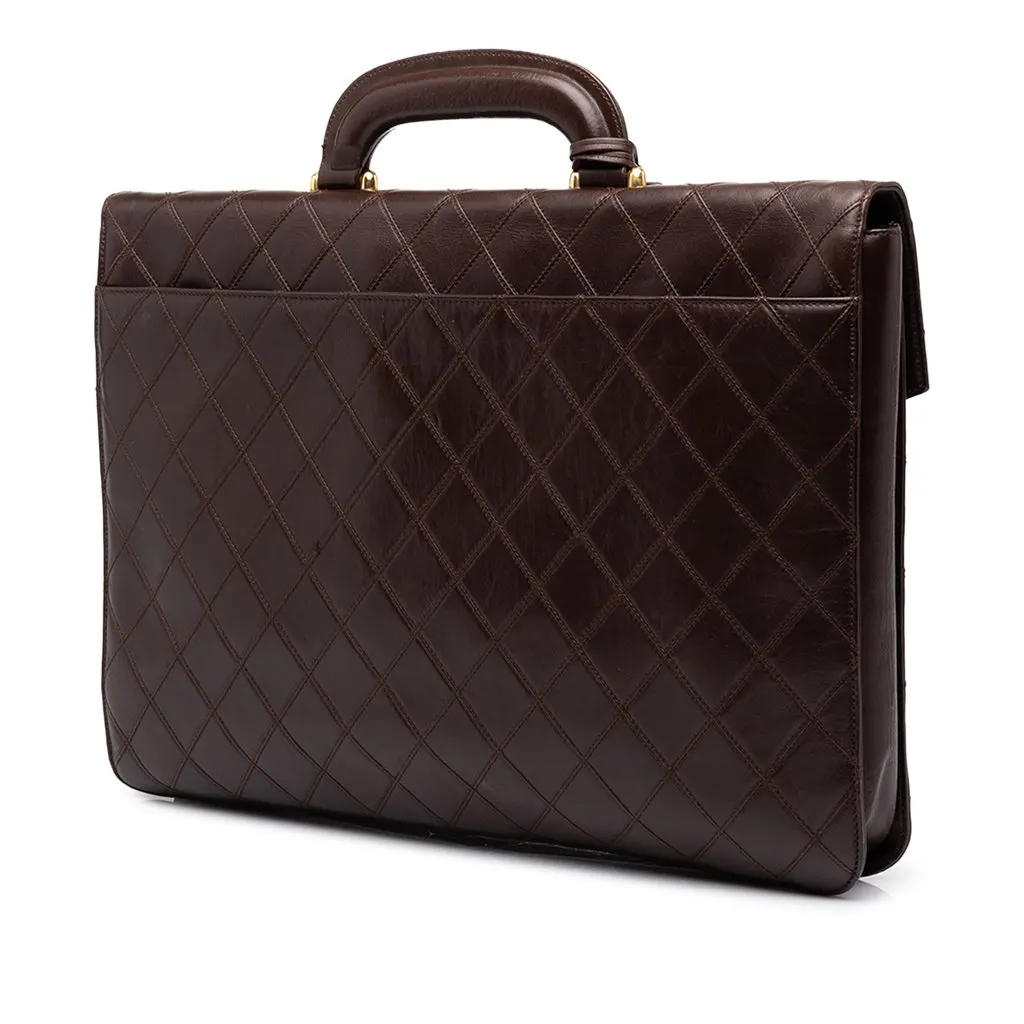 Chanel Quilted Lambskin Briefcase Brown Leather Good - Back View