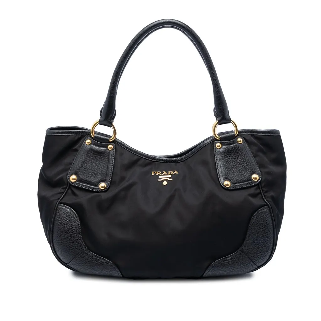 Prada Vitello Daino Trimmed Tessuto Handbag Black Very good - Front View
