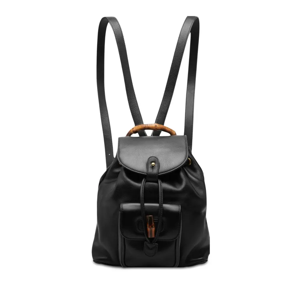 Gucci Mini Calfskin Bamboo Drawstring Backpack Black Leather Good - Front View