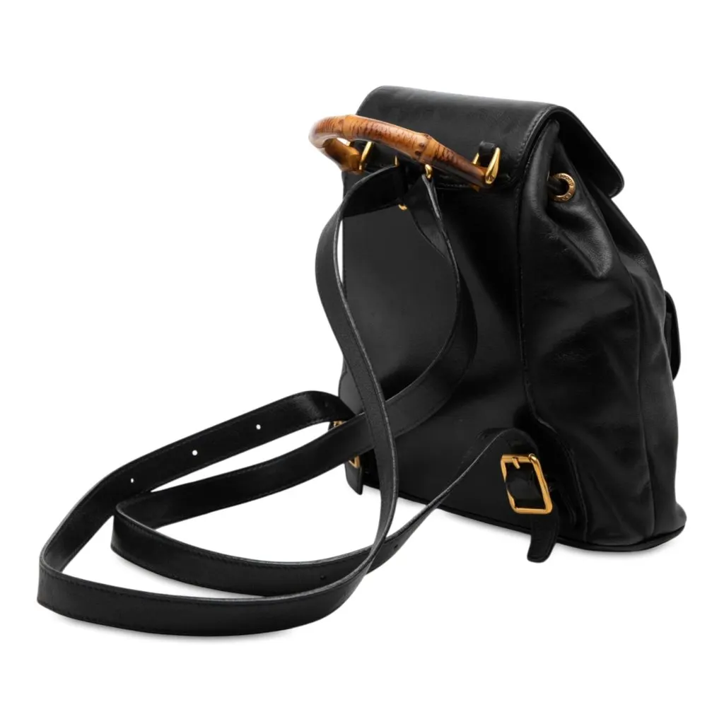 Gucci Mini Calfskin Bamboo Drawstring Backpack Black Leather Good - Back View