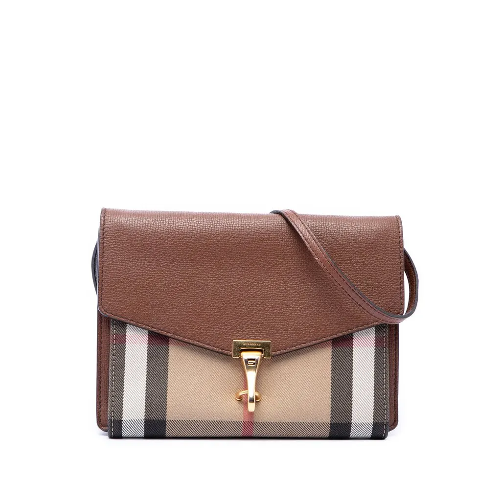 Burberry Small Leather and House Check Canvas Derby Macken Crossbody Brown Very good - Front View