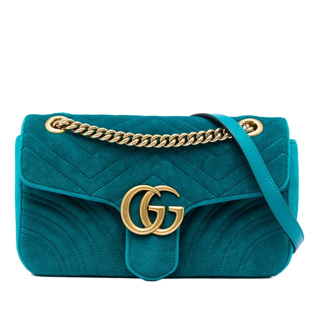 Gucci Medium GG Marmont Matelasse Velvet Shoulder Bag Blue Velvet Very good - Front View
