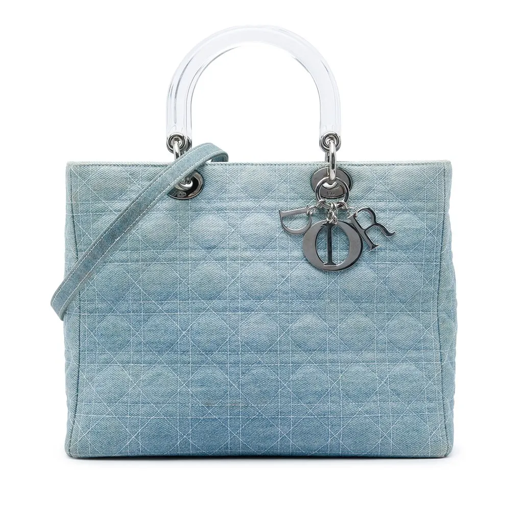 Dior Large Denim Cannage Acrylic Handles Lady Dior Blue Very good - Front View
