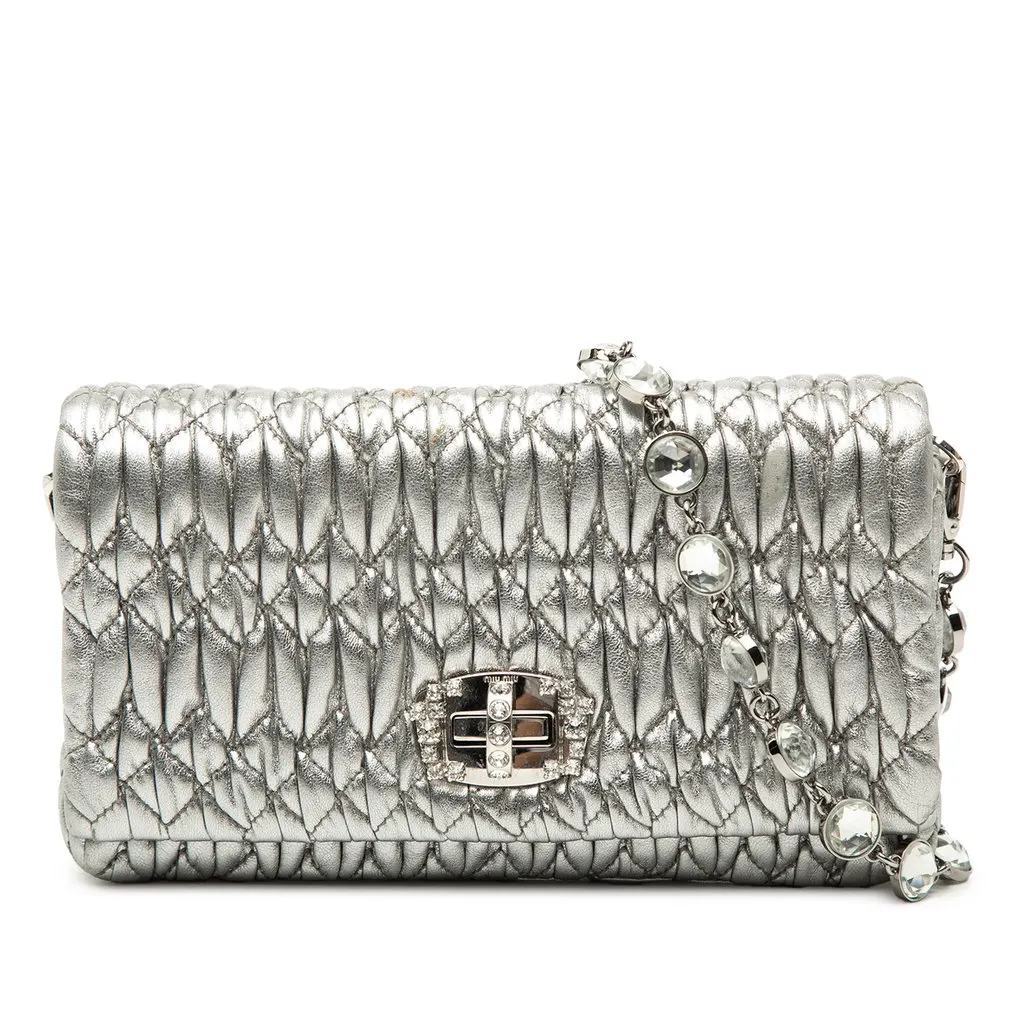 Miu Miu Matelasse Nappa Crystal Chain Shoulder Bag Silver Leather Very good - Front View