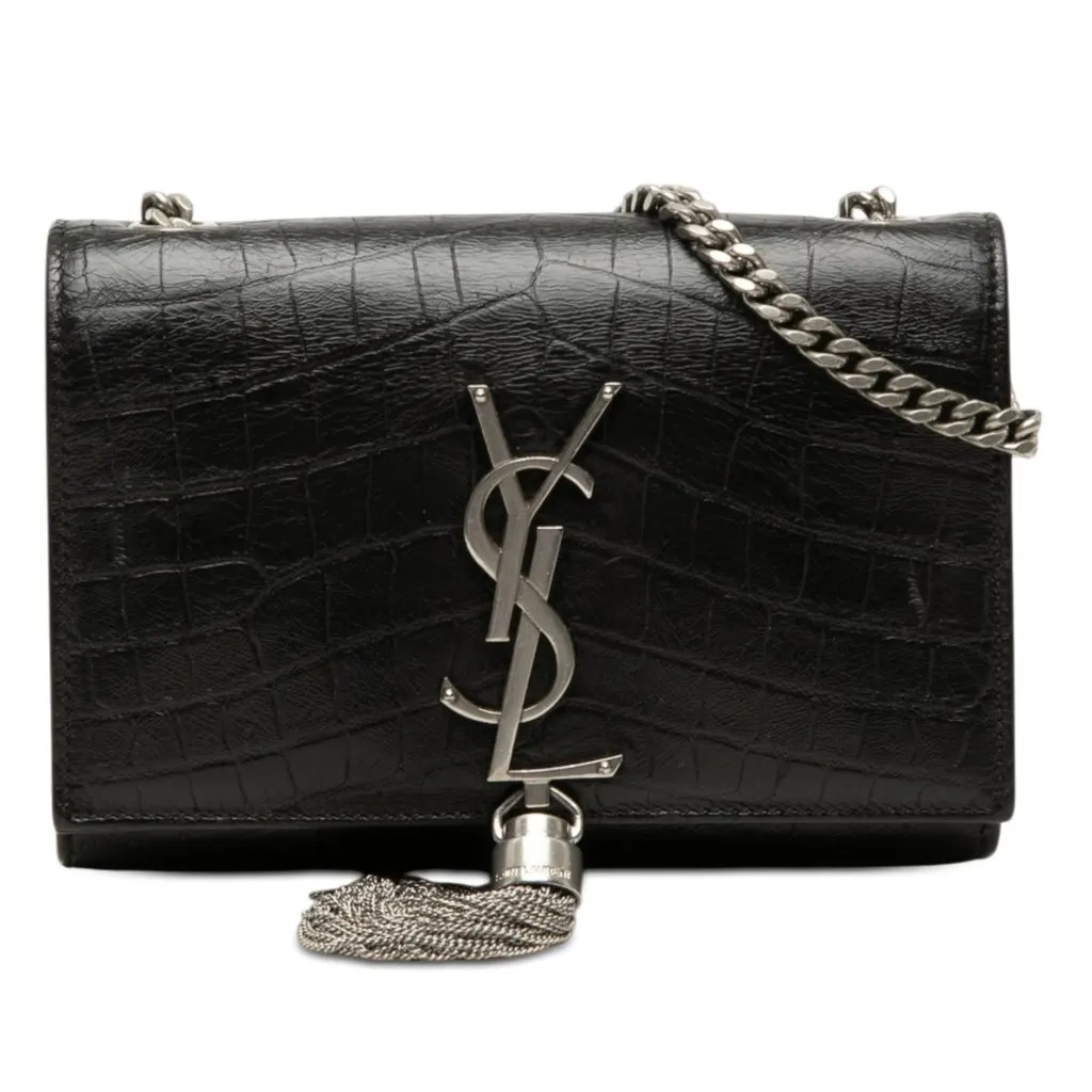 Saint Laurent Small Croc Embossed Leather Monogram Kate Tassel Crossbody Black Leather Very good - Front View