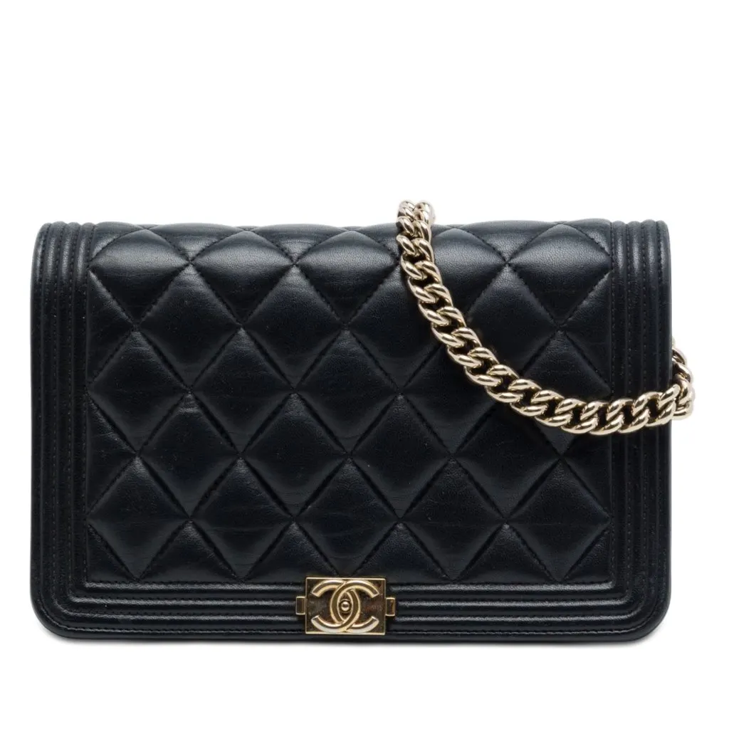 Chanel Quilted Lambskin Boy Wallet On Chain Black Leather Very good - Front View