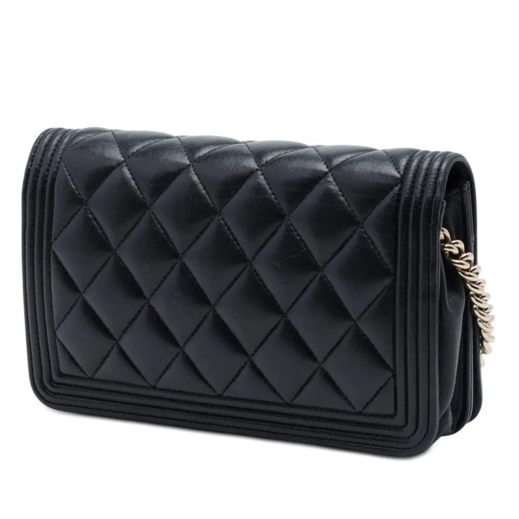 Chanel Quilted Lambskin Boy Wallet On Chain Black Leather Very good - Back View