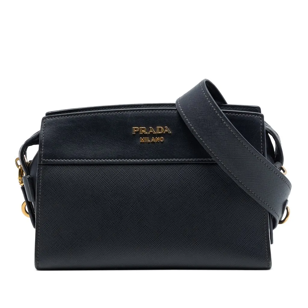Prada Saffiano and City Calf Esplanade Crossbody Black Leather Very good - Front View