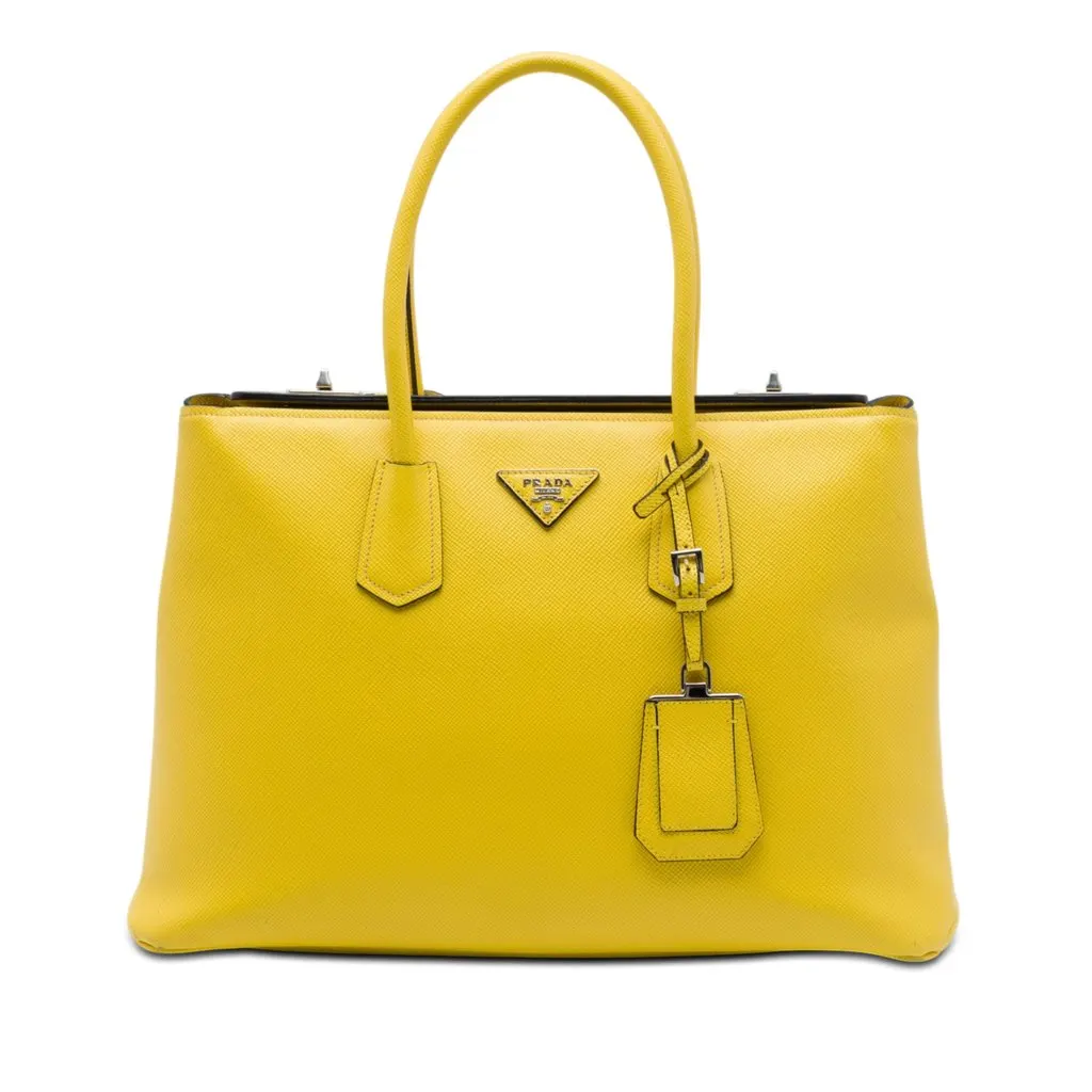 Prada Saffiano Cuir Double Tote Yellow Leather Very good - Front View