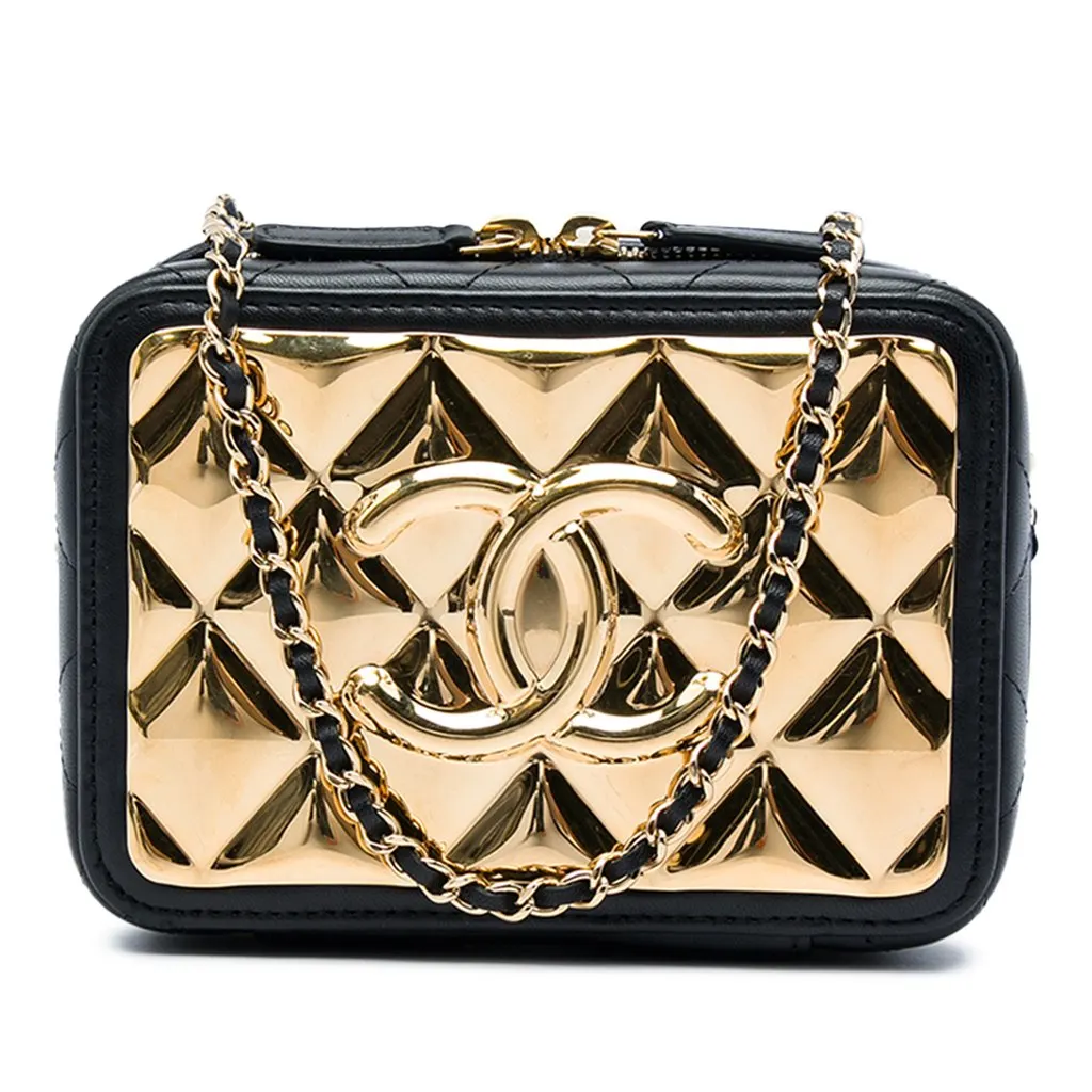 Chanel Mini CC Quilted Lambskin and Golden Plate Vanity Crossbody Black Leather Very good - Front View