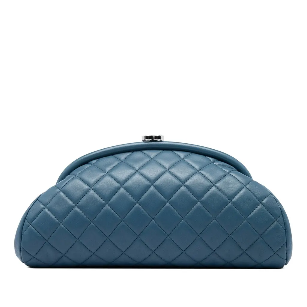 Chanel Quilted Lambskin Timeless Kisslock Clutch Blue Leather Very good - Front View