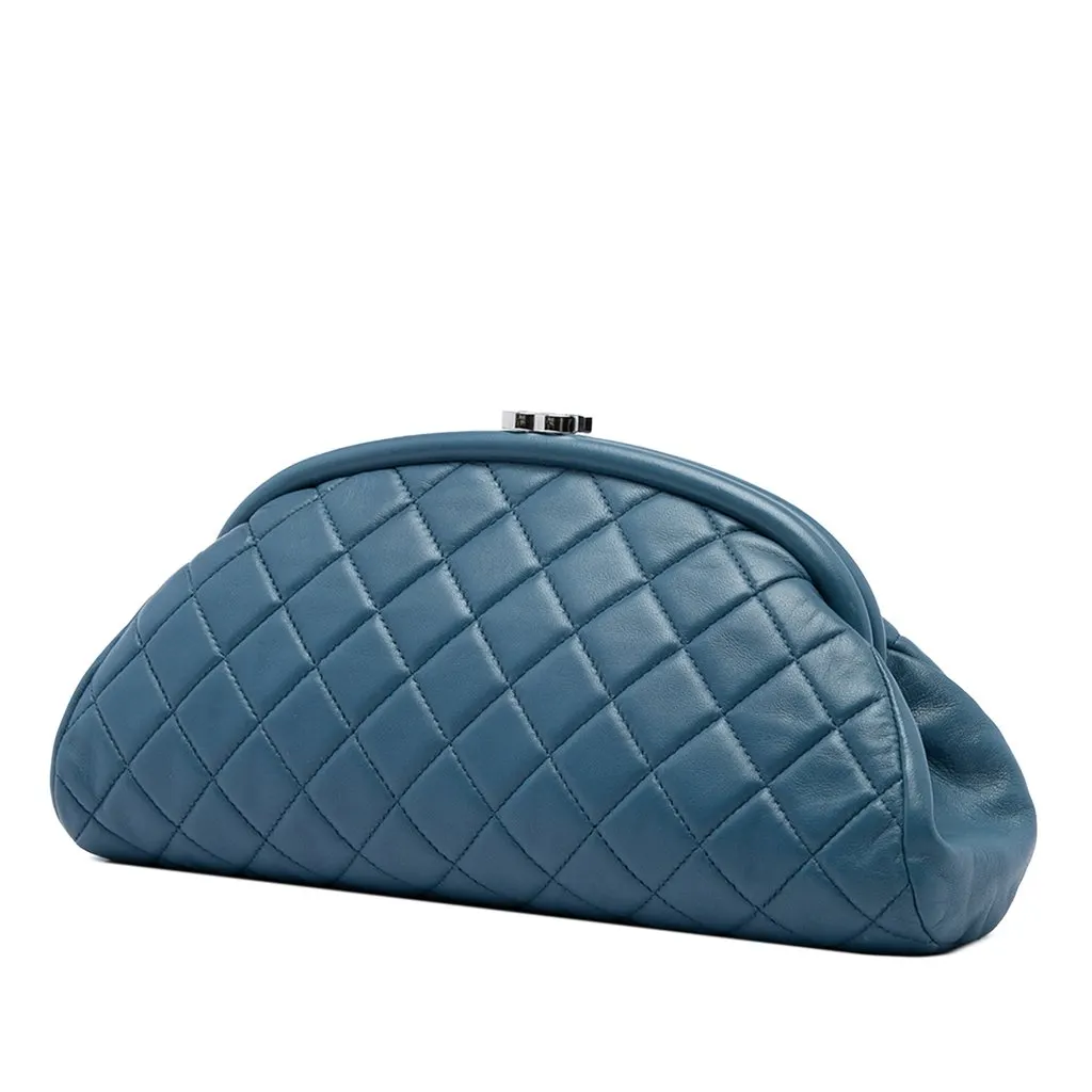 Chanel Quilted Lambskin Timeless Kisslock Clutch Blue Leather Very good - Back View
