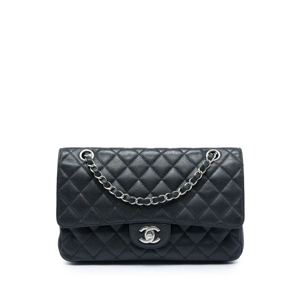 Chanel Medium Classic Caviar Double Flap Black Leather Very good - Front View