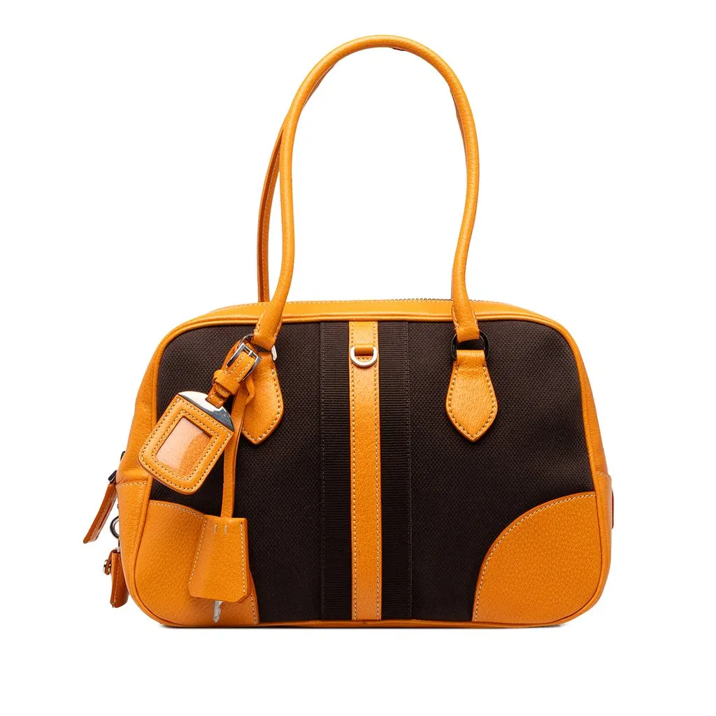 Prada Leather Trimmed Canvas Canapa Bauletto Bag Brown Canvas Good - Front View